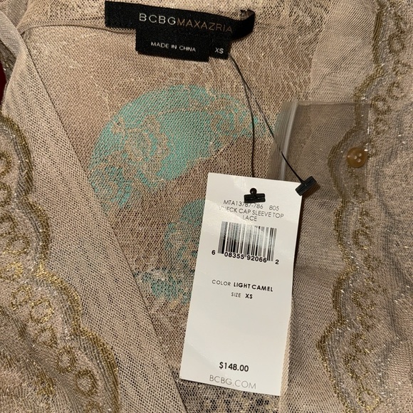 New BCBG Max Azria - Gold Metallic Sheer Lace Short Sleeve Blouse - Picture 4 of 5